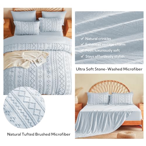 Image of MR&HM Dusty Blue Boho Comforter Set Queen, Tufted Boho Bedding Set, Farmhouse Shabby Chic Bed in a Bag with 1 Comforter, 2 Pillow Shams, 2 Pillowcases, 1 Flat Sheet, 1 Fitted Sheet for All Seasons