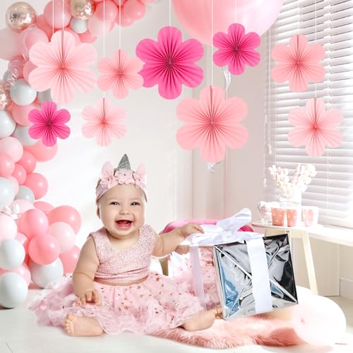 Image of Easy Joy Hot Pink Paper Flowers Decorations for Wall Pink Paper Fans Classroom Decoration Paper Floral Backdrop Decor Paper Fans Decoration Hanging Paper Fans Pink Flower Wall Decor, Set of 9