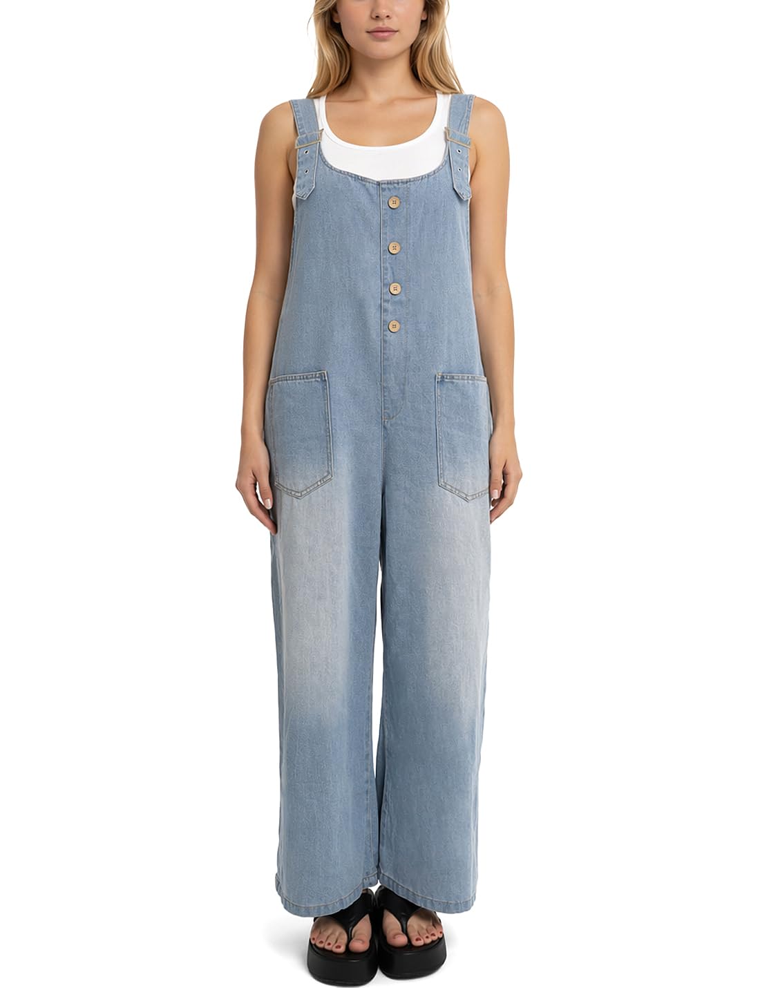 Salopette décontractée en jean pour femme avec bretelles réglables, boutonnière et pantalon sarouel