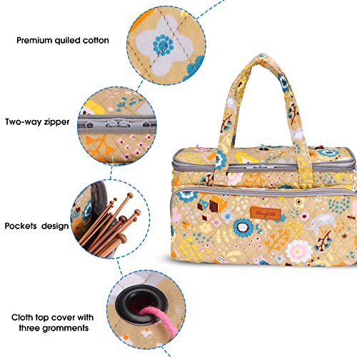 Image of Yarn Storage Organizer with Grommets - Portable Crochet & Knitting Bag for Skeins, Hooks, Needles & Accessories (Flower-Yellow)