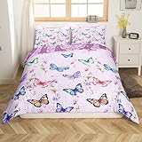 loussiesd set di biancheria da letto per letto matrimoniale con farfalle, 200 x 200 cm, con 2 federe, reversibile, viola, con stampa floreale brillante, per bambini, 3 pezzi