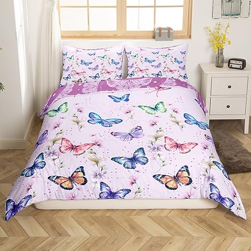 Loussiesd Girls Single Duvet Cover Set Butterfly Bedding Set 135x200cm with 1 Pillowcase Purple Reversible Bright Floral Print Bedding Set for Kids Colorful Butterflies Bedding 2 Pcs