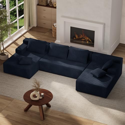 Image of LAUSAINT HOME 132 inch Modular Sectional Sofa Couches, U-Shaped Boneless Cloud Sofa with 4 Deep Seat, 6 Cushiones Oversized Chaise for Living Room, Bedroom, Plush Corduroy Fabric (U Shaped,Navy Blue)