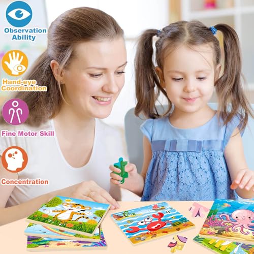 Rompecabezas de madera para niños de 3 a 6 años, paquete de 10 rompecabezas jigsaw de 20 piezas con animales (jirafa, tigre, cangrejo, delfín, dinosaurio, panda, cebra, oso, vaca y pulpo) miniatura 4