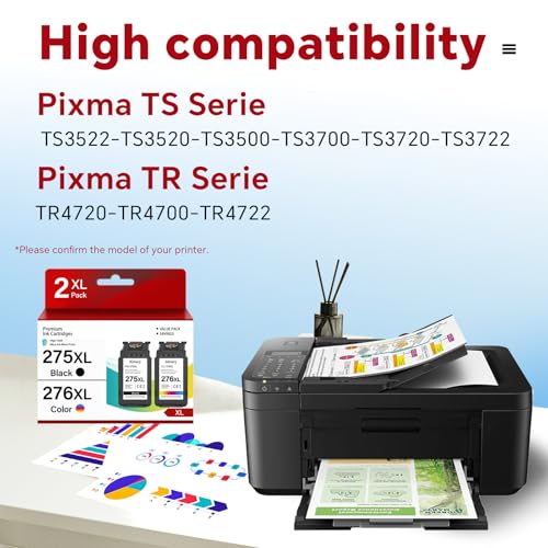 Image of 275XL 276XL Ink Cartridges Combo Pack Replacement for Canon Ink PG-275 CL-276 Compatible with Pixma TR4720 Series TR4722 TS3520 Series TS3522 TS3500 TS3700 TS3720 TS3722 Printer 2 Pack Black Tricolor