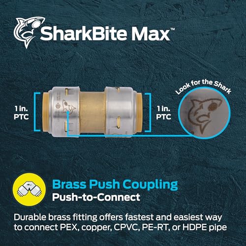 Image of SharkBite Max 1 Inch Coupling, Push to Connect Brass Plumbing Fitting, PEX Pipe, Copper, CPVC, PE-RT, HDPE, UR020A