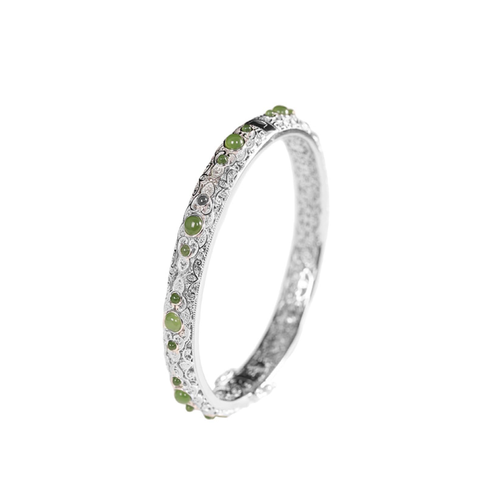 Braccialetti d'argento, braccialetti da braccialet Bracciale rigido traforato in argento sterling S925 con diaspro, artigianato tradizionale, accessorio perfetto for l'appuntamento