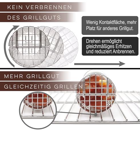 EdelKüche Premium Grillkorb aus Edelstahl für Gemüse und Fleisch | XXL, Rund, Zylindrisch, Groß | Drehspieß | Abnehmbarer Griff | Grillzubehör, Außengrill, Grillnetzrohr, Grillnetz | super Geschenk