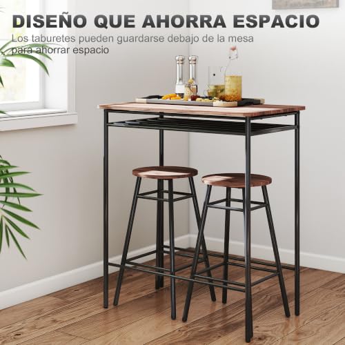 Miniatura 3 de Homcom Juego De Mesa Y Taburetes De Bar, Mesa Alta De Cocina Con 2 Taburetes Industrial, Estante Abierto, Reposapiés, Ahorro De Espacio, Para Espacios Reducidos, Comedor, Salón, Marrón