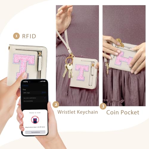 Image of COSHAYSOO Initial Wallet RFID Small Bifold Slim Letter Wallet for Women Teenager Girls Travel Daily Necessities Credit Cards Money Cash Coin Organizer, Cream, Compact, T