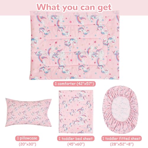 Image of lasoftan Pink Unicorn Toddler Bedding Set for Girls, 4 Piece Bed-in-a-Bag Toddler Comforter Sets, Super Soft and Comfortable Microfiber Todeeler Bed Set