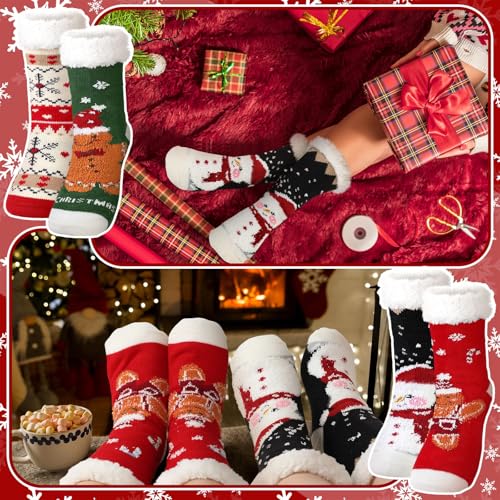 Image of Fourluoo 4 Packs Christmas Fuzzy Slipper Socks Xmas Fluffy Sherpa Thermal Socks with Grippers for Women men