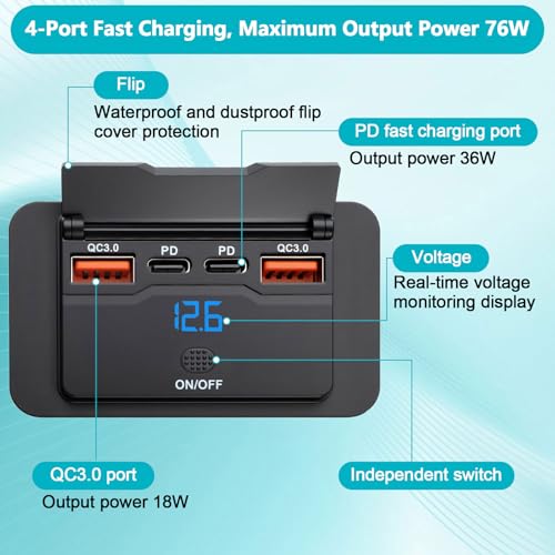 SRunDe USB Steckdose 12v Wohnmobil Einbau 4 Port 76W mit Schalter Dual 36W PD & Dual 18W QC3.0 Aufputz Autoladegerät Schnellladegerät USB Einbausteckdose Wohnmobil für Wohnwagen Autos LKW Bus Marine