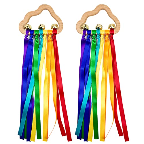 Image of 2pcs baby Natural Wood Bracelet with Bell Rainbow Ribbon Sensory Toy- The Best Sensory Toys for Audiovisual and Motor Development, Encourages Parent-Child Interaction, For Babies Aged 3-24 Months