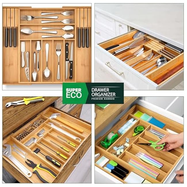 Bamboo Kitchen Drawer Organizer - Bamboo Expandable Drawer Organizer Utensil Holder & Cutlery Tray - Adjustable Wood Drawer Dividers Organizer for Silverware, Flatware, Knives (9 Slot)
