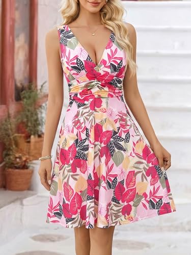 Image of OURIN Women's Spring Deep V Neck Sleeveless Floral Sundresses with Pockets Flowy Summer Dresses for Women