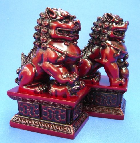 Par de estatuas Feng Shui Foo Dogs rojos 7 pulgadas