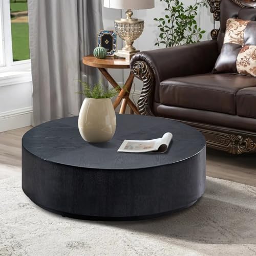 HMFULE Round Coffee Table, 35.43" Black Drum Coffee Table for Living Room, Modern Circle Center Table for Apartment, No Need Assembly,Black