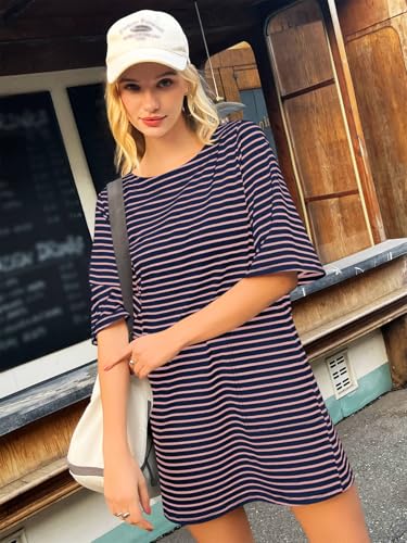 Image of Yousify Women's T Shirt Dress Cotton Summer Dresses 2026 Casual Loose Short Sleeve Striped Mini Dress with Pockets
