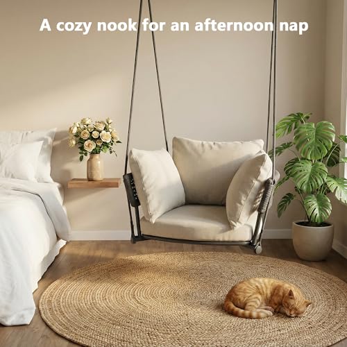 Image of Swing Chair Outdoor, Single Hanging Porch Swing, Ceiling Hanging Chair for Bedroom, 106 inch Adjustable Rope Swinging Chair Indoor, Heavy Duty 400lbs Patio Outdoor Swings for Deck /Balcony, Beige