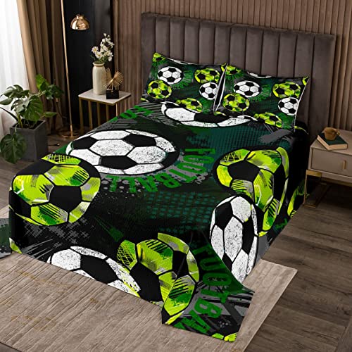 Loussiesd Juego de colcha acolchada de fútbol de graffiti para niños y niños, juego de pelota de fútbol al aire libre, colcha acolchada verde y negro, tamaño individual