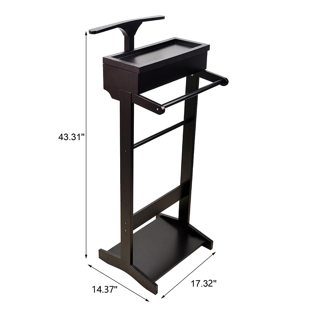 RELAHOGAR Wooden Valet Stand for Men, Clothing Rack with Top Tray Organizer, Shoe Shelf for Entryway, Bedroom, Office