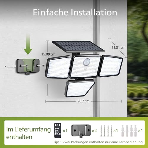 Philips Solarlampen für Außen mit Bewegungsmelder, 196 LED mit PIR-Bewegungsensor, 3 Modi, 4 Verstellbare Lampenköpfe… – Ansicht 3