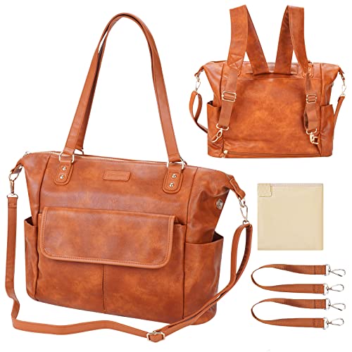 Image of Johomviin Diaper Bag Tote Fashion Leather Diaper Bag Backpack with 13 Pockets for Mom Dad, Large Travel Baby Bag Purse for Boys Girls with 3 Insulated Pockets, Changing Station - Brown