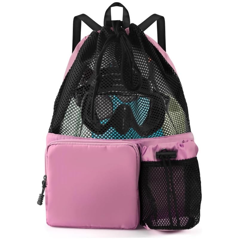 Rucksack 1pcs Mesh Drawstring Große Kapazität Fitnessstudio Strand Reisetasche Polyester Outdoor Sports Rucksack-rosa-47x40cm