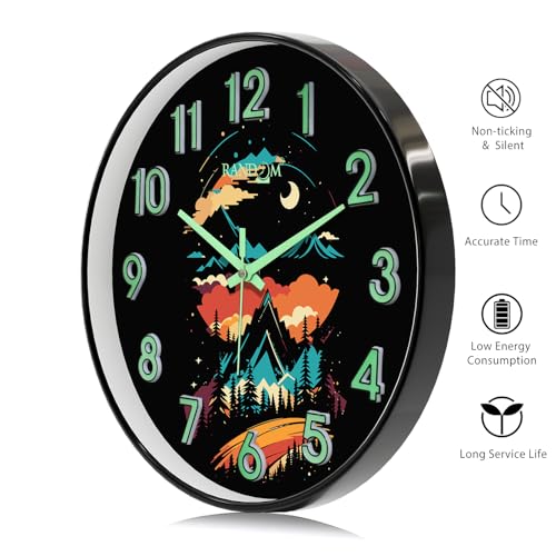 Image of RANDOM Glow in The Dark Wall Clock, Silent Non-Ticking, Mountain Landscape Design with Luminous Numbers, Black Frame, for Living Room Bedroom Office