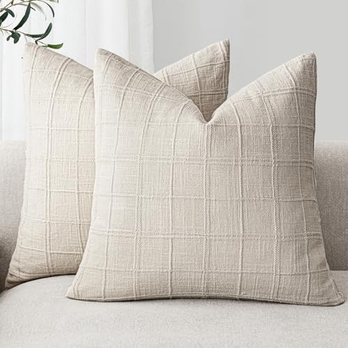 Image of Foindtower Set of 2 Decorative Linen Check Throw Pillow Covers Neutral Farmhouse Vintage Cushion Covers Modern Boho Home Decor for Sofa Chair Couch Bedroom Living Room,24x24 Inch,Natural Beige