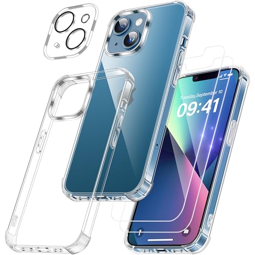 FLLAO 4 in 1 Cover per iPhone 13 Mini Custodia con 2 Pellicola Vetro Temperato e 1 Fotocamera Protettiva, [Cuscino d'aria integrato] Antiurto Morbido Cover per iPhone 13 Mini, Trasparente