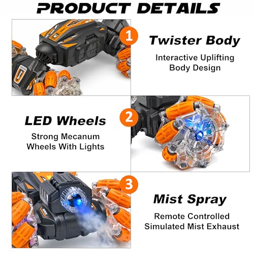 Image of VGRASSP Dual Control Twisting Drift Stunt Mist Car Toy for Kids with Remote Control and Gesture Wrist Controller - Rechargeable 360 Rotating Smoke RC Car Toy with LED Lights, Sound Effects - Orange