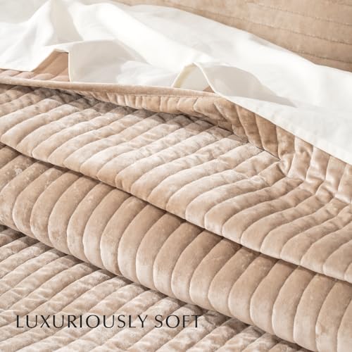 EVERGRACE Velvet Quilt Set King Size, Luxurious Soft Striped Channel Bedding Set, Lightweight Velvet Comforter for All Season, Oversized Bedspread Coverlet with 2 Matching Shams, Beige Taupe - Thumbnail 4