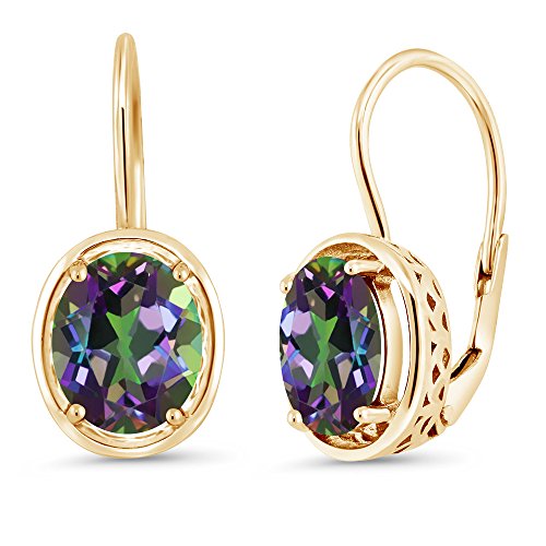 Gem Stone King 18K Yellow Gold Plated Silver Green Mystic Topaz Dangle Earrings For Women (3.60 Cttw, Gemstone Birthstone, Oval 9X7MM)