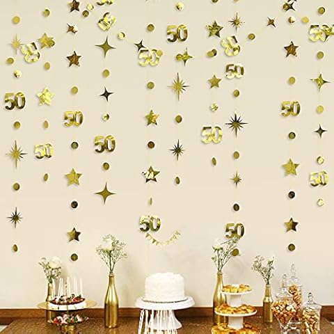 Gold 50th Birthday Decorations Number 50 Circle Dot Twinkle Star Garland Metallic Hanging Bunting Banner Streamer Backdrop for 50 Year Old Happy Birthday 50th Anniversary Fiftieth Party Decor Supplies Cover