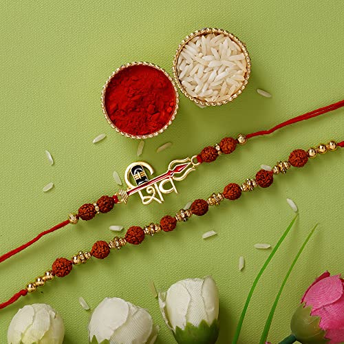 Image of eCraftIndia Set of 2 Peacock Feather Floral Designer Rakhi for Brother Bhaiya Bhai Boys Kids | Roli Chawal Pack