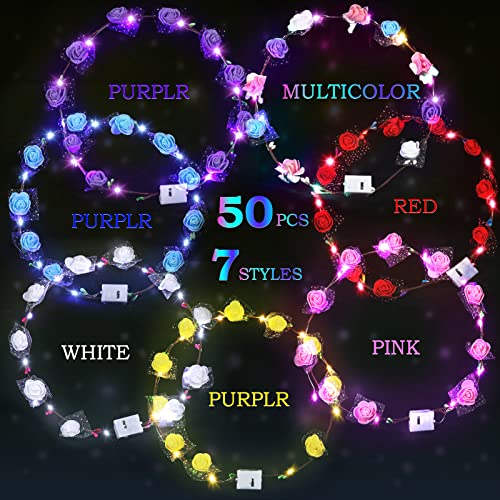 50 Pcs Led Flower Crowns Headbands Light Up Flower Hair Wreath Garlands Glowing Floral Headpiece For Halloween Girls Women Cosplay Holiday Wedding Party #TOP2