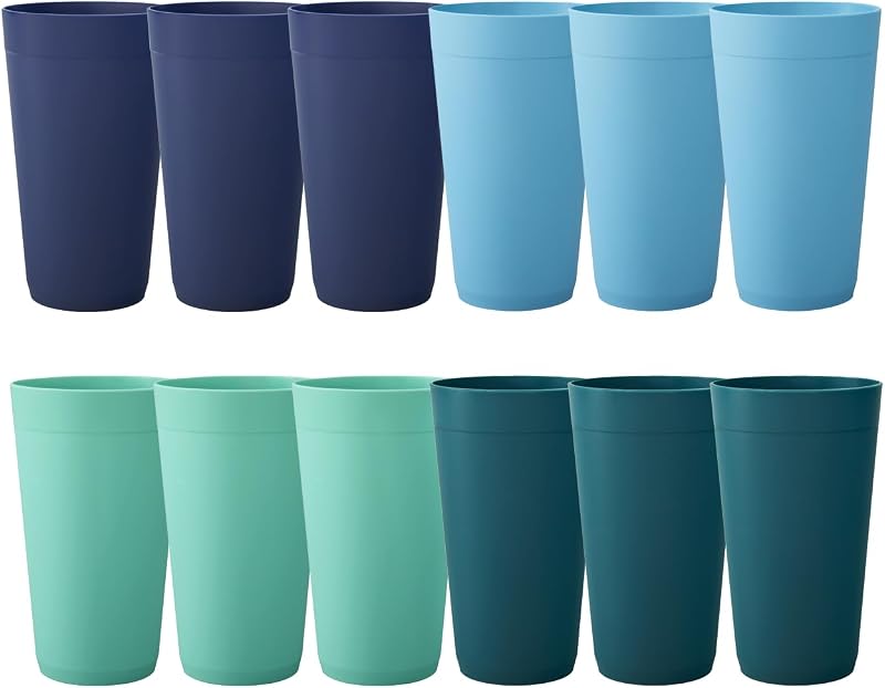 US Acrylic Newport 20 ounce Unbreakable Plastic Stackable Water Tumblers in 4 Coastal Colors | Set of 12 Drinking Cups | Reusable, BPA-free, Made in the USA, Top-rack Dishwasher and Microwave Safe