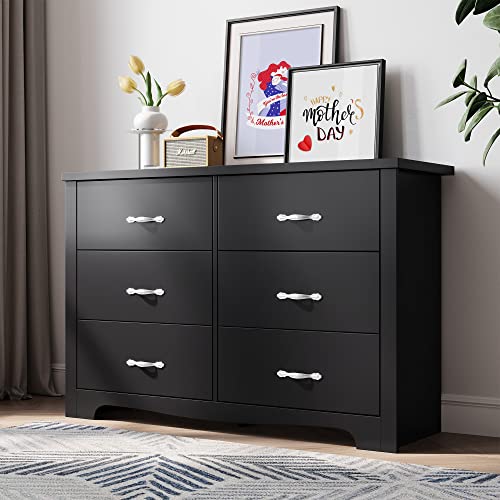 LINSY HOME 6 Drawer Dresser for Bedroom, Modern Double Dresser Organizer, Black Wood Dresser Chest of Drawers for Baby,Kids Bedroom