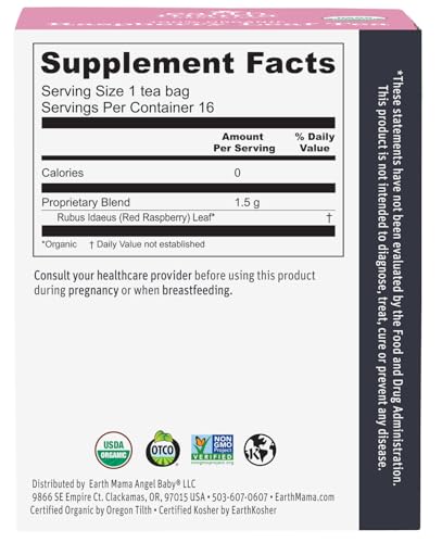 Earth Mama Organic Raspberry Leaf Tea Bags | Labor Tonic & Menstrual Support Herbal Tea, Red Raspberry Leaf Tea for Pregnancy & Postpartum Care Recovery, Caffeine Free Tea, Non GMO, (16 Teabags, 3-Pk)