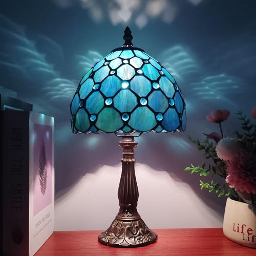 Image of Small Tiffany Table Lamp 8 Inch Blue Pearls Style Tiffany Style Stained Glass Antique Light Bedroom Bedside Lamp Retro Reading Light