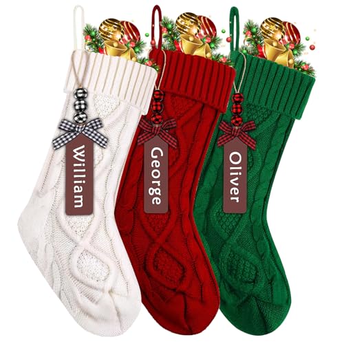Emwel 3pcs Christmas Stockings 18 Inch Large Knit Christmas Stockings Personalized Xmas Hanging Stocking Decorations with Name Tags for Christmas Fireplace Tree Decorations