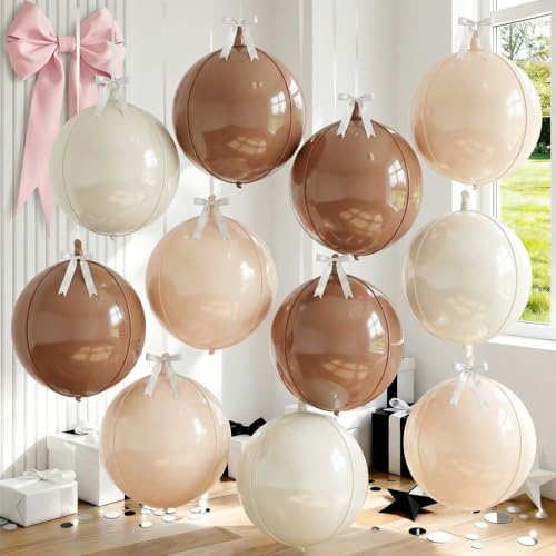 Image of 9 Pcs Nude Cream Beige Round Foil Balloons Netural Boho 4D Ball Balloons 22 In Brown Tan Apricot Large Foil Balloons for Boho Birthday Wedding Anniversary Baby Shower Disco Party Backdrop Decor