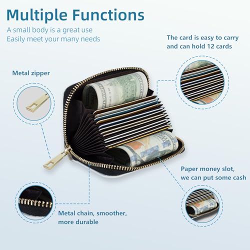 Small Credit Card Case Wallet for Women, RFID Blocking Mini Slim Leather Card Holder Wallet, Pocket Business Card Case with Zipper Card Holder, Black Cat and Flower4