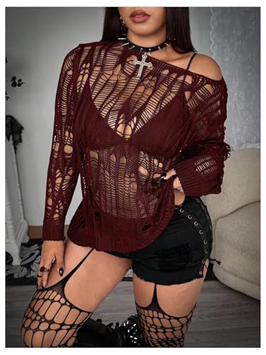 Image of RoseSeek Women's Plus Size Y2K Cut Out Long Sleeve Punk Sweater See Through Knitwear Open Knit Grunge Tops