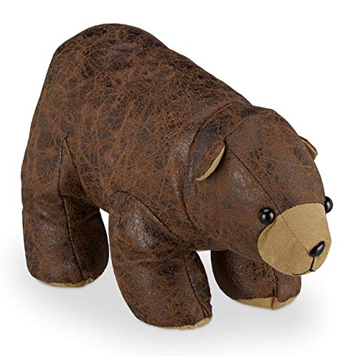 Relaxdays Bear Door Stop, Fabric, Faux Leather, for Floors Indoors, Fabric Doorstopper, HxWxD 17 x 16 x 32 cm, Brown