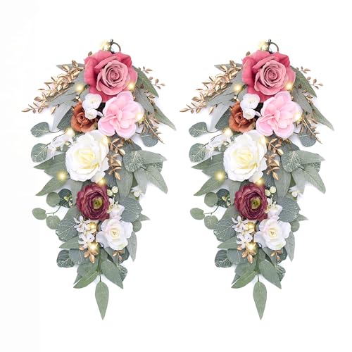 Valery Madelyn 2 Pack Pre-Lit Spring Teardrop Swag with Lights, 24 inch Rose Teardrop Wreath for Front Door Wall Indoor Stair Shelf Valentines Day Wedding Anniversary Summer Home Decor