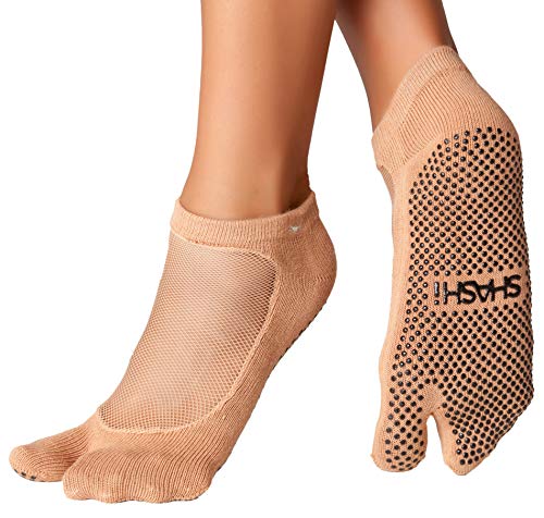 SHASHI Classic Black Split Toe Socks – Grip Socks for Women w/Plain Top Panel Mesh - Non Slip Socks – Tabi or Pilates Socks.