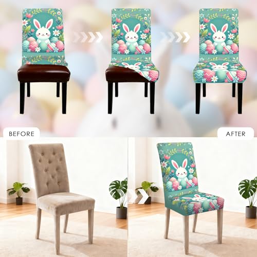 Image of Nuxovilar 4PCS Pastel Bunny Print Milk Silk Soft Chair Slipcovers | Stretch Slipcover Gentle Protector Bunny Wrap Seat Guard Dining Room Family Kitchen Kids Playroom (Pastel Bunny)